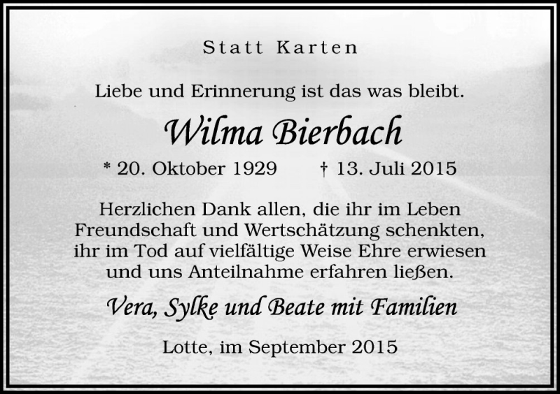  Traueranzeige für Wilma Bierbach vom 12.09.2015 aus Neue Osnabrücker Zeitung GmbH & Co. KG