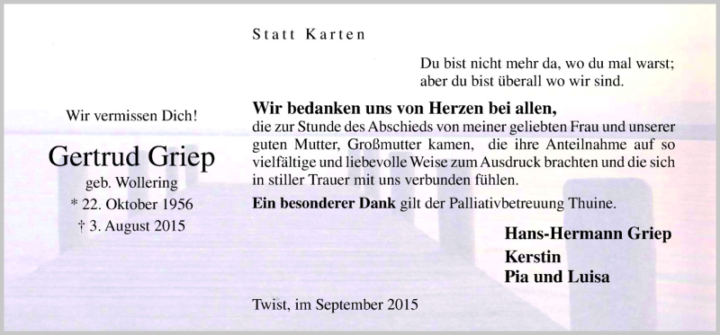  Traueranzeige für Gertrud Griep vom 05.09.2015 aus Neue Osnabrücker Zeitung GmbH & Co. KG