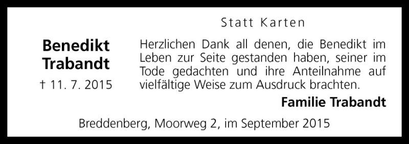  Traueranzeige für Benedikt Trabandt vom 05.09.2015 aus Neue Osnabrücker Zeitung GmbH & Co. KG