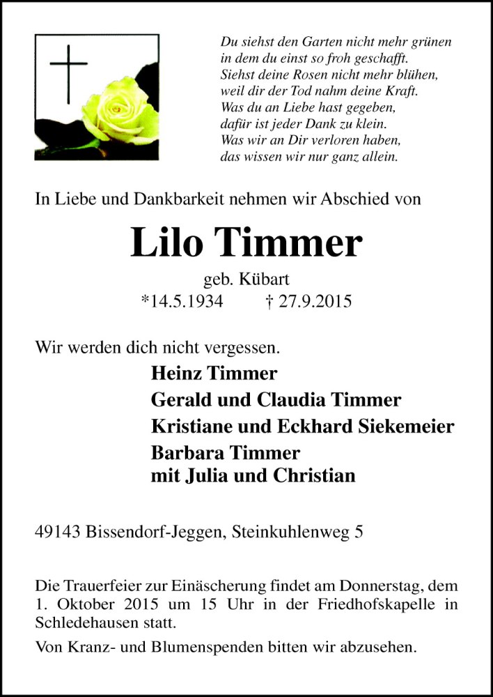  Traueranzeige für Lilo Timmer vom 29.09.2015 aus Neue Osnabrücker Zeitung GmbH & Co. KG