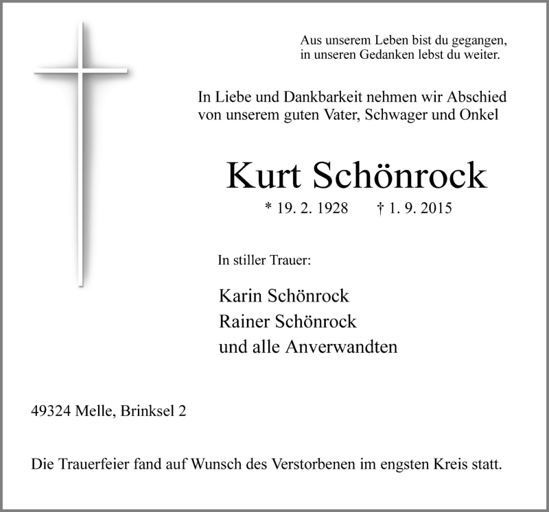  Traueranzeige für Kurt Schönrock vom 08.09.2015 aus Neue Osnabrücker Zeitung GmbH & Co. KG