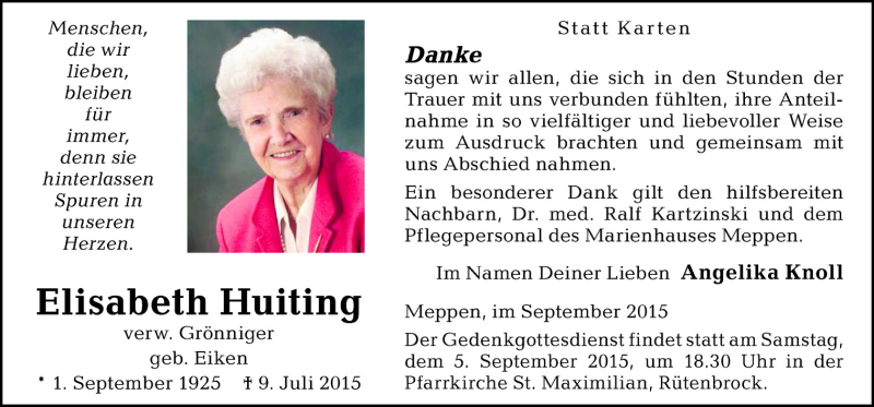  Traueranzeige für Elisabeth Huiting vom 01.09.2015 aus Neue Osnabrücker Zeitung GmbH & Co. KG