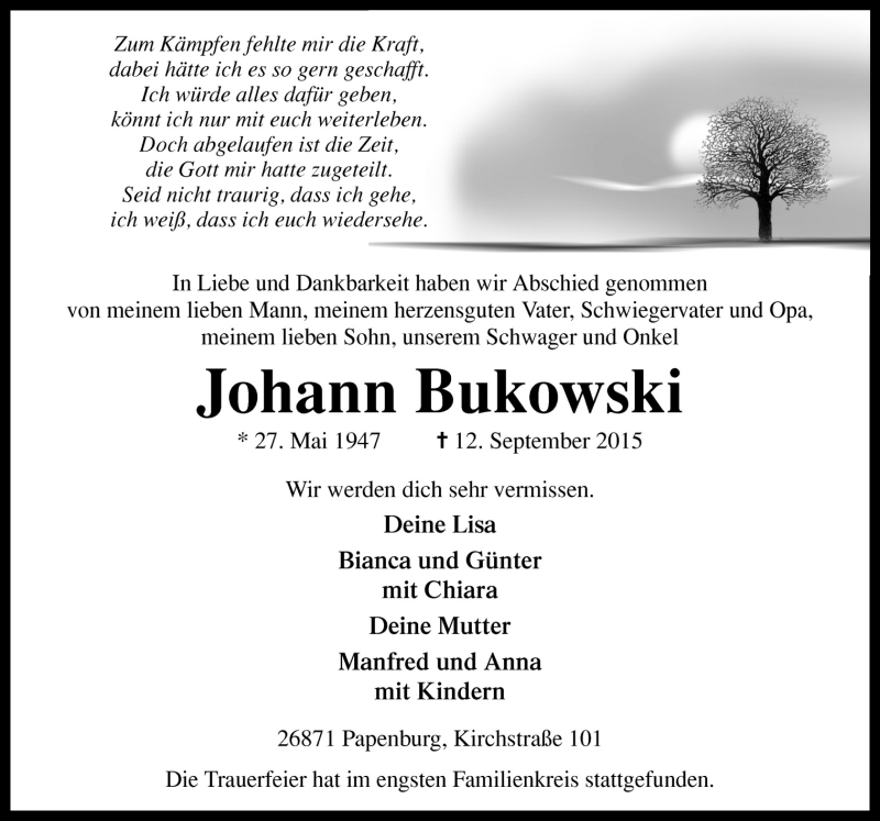  Traueranzeige für Johann Bukowski vom 17.09.2015 aus Neue Osnabrücker Zeitung GmbH & Co. KG