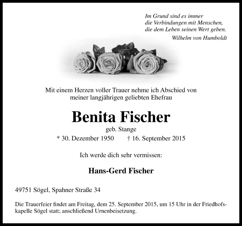  Traueranzeige für Benita Fischer vom 22.09.2015 aus Neue Osnabrücker Zeitung GmbH & Co. KG