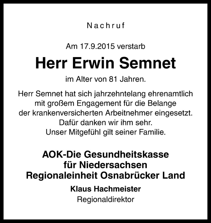 Traueranzeige für Erwin Semnet vom 26.09.2015 aus Neue Osnabrücker Zeitung GmbH & Co. KG