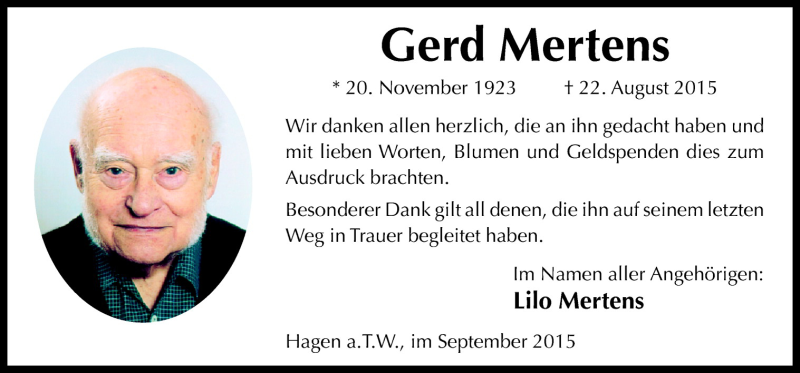  Traueranzeige für Gerd Mertens vom 26.09.2015 aus Neue Osnabrücker Zeitung GmbH & Co. KG