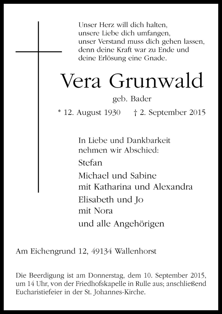  Traueranzeige für Vera Grunwald vom 05.09.2015 aus Neue Osnabrücker Zeitung GmbH & Co. KG