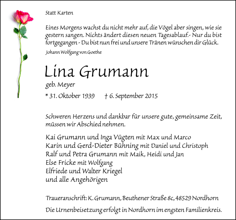  Traueranzeige für Lina Grumann vom 11.09.2015 aus Neue Osnabrücker Zeitung GmbH & Co. KG