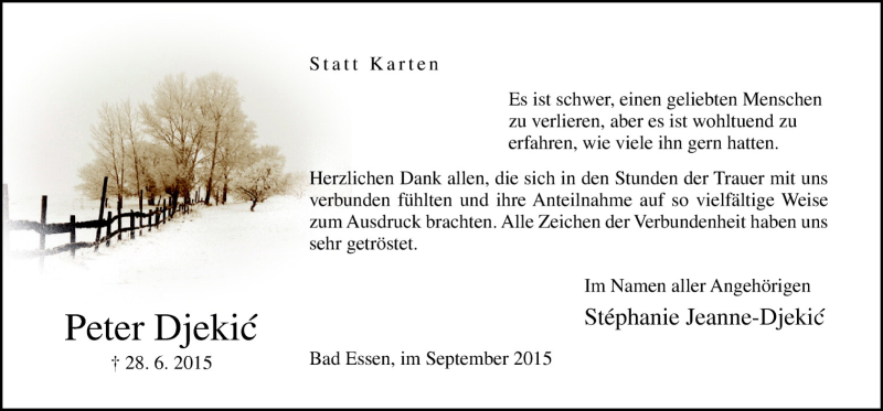  Traueranzeige für Peter Djekic vom 11.09.2015 aus Neue Osnabrücker Zeitung GmbH & Co. KG