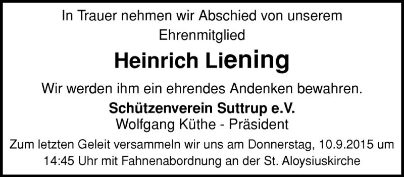  Traueranzeige für Heinrich Liening vom 08.09.2015 aus Neue Osnabrücker Zeitung GmbH & Co. KG
