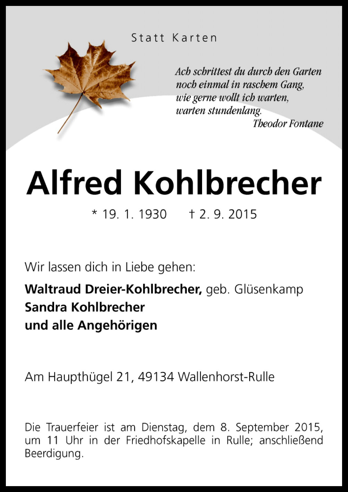  Traueranzeige für Alfred Kohlbrecher vom 05.09.2015 aus Neue Osnabrücker Zeitung GmbH & Co. KG