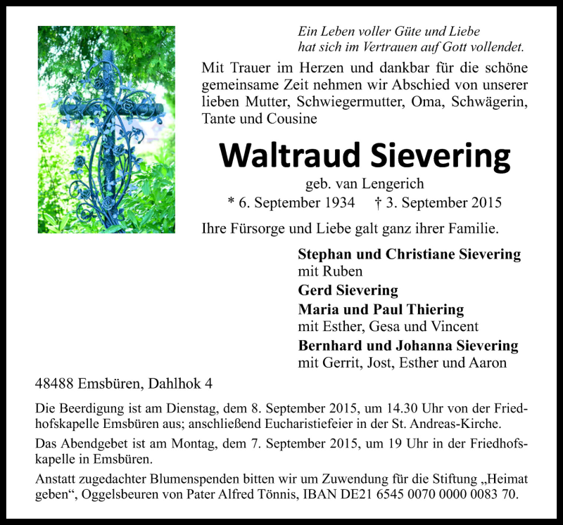  Traueranzeige für Waltraud Sievering vom 05.09.2015 aus Neue Osnabrücker Zeitung GmbH & Co. KG