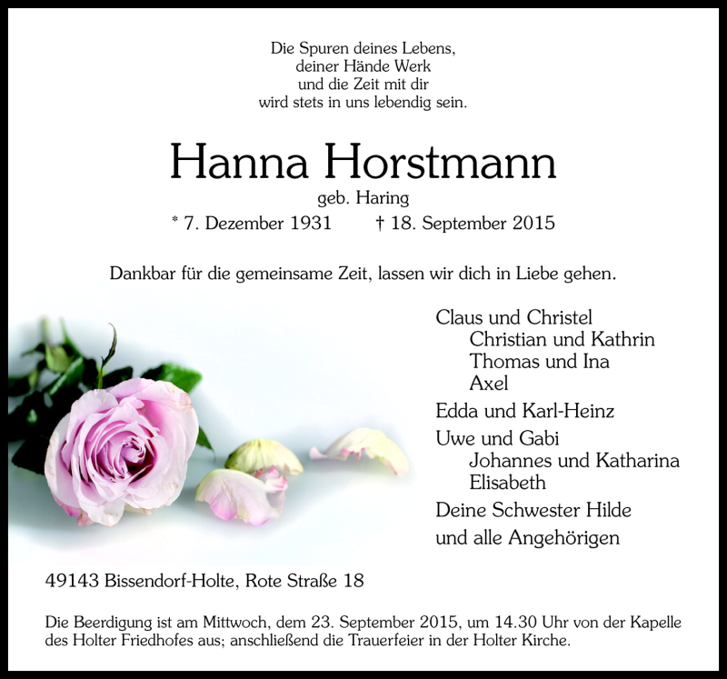  Traueranzeige für Hanna Horstmann vom 21.09.2015 aus Neue Osnabrücker Zeitung GmbH & Co. KG