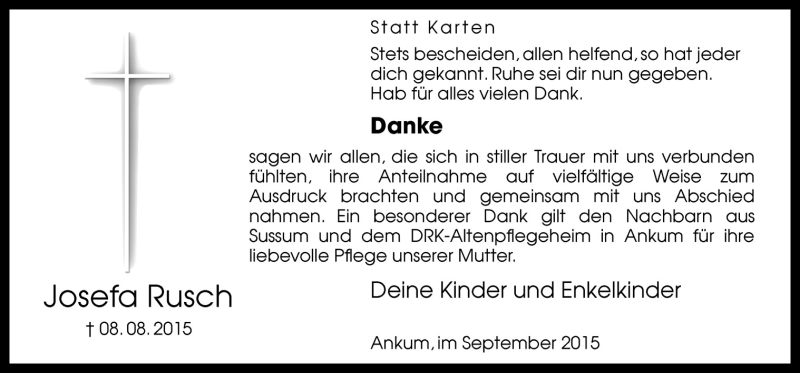  Traueranzeige für Josefa Rusch vom 19.09.2015 aus Neue Osnabrücker Zeitung GmbH & Co. KG