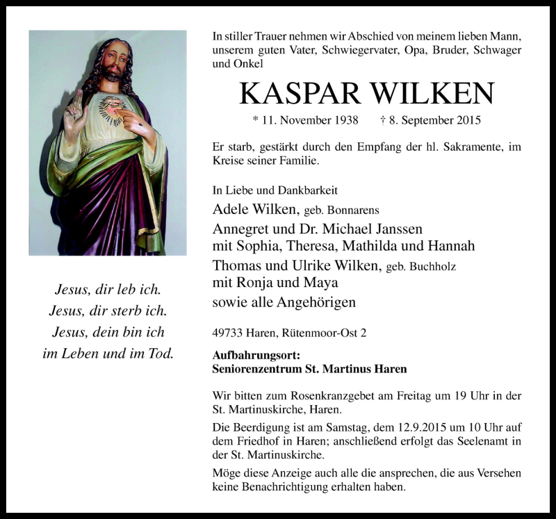  Traueranzeige für Kaspar Wilken vom 10.09.2015 aus Neue Osnabrücker Zeitung GmbH & Co. KG