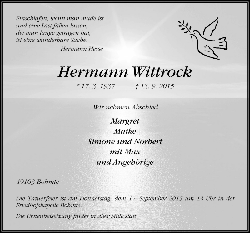  Traueranzeige für Hermann Wittrock vom 15.09.2015 aus Neue Osnabrücker Zeitung GmbH & Co. KG