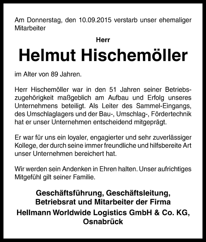  Traueranzeige für Helmut Hischemöller vom 26.09.2015 aus Neue Osnabrücker Zeitung GmbH & Co. KG