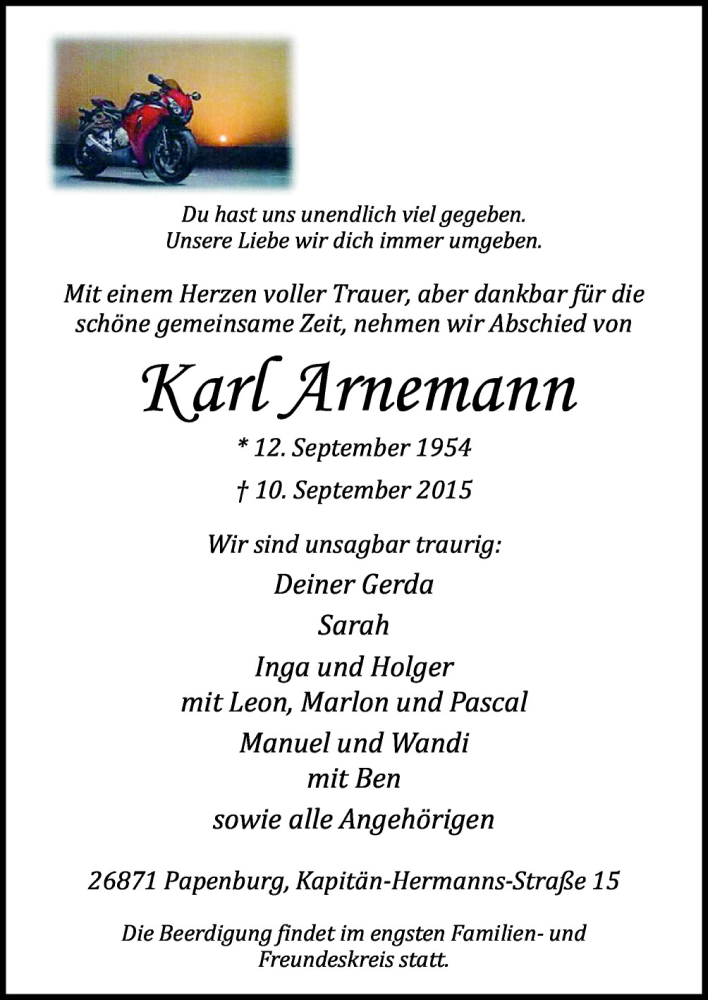  Traueranzeige für Karl Arnemann vom 14.09.2015 aus Neue Osnabrücker Zeitung GmbH & Co. KG