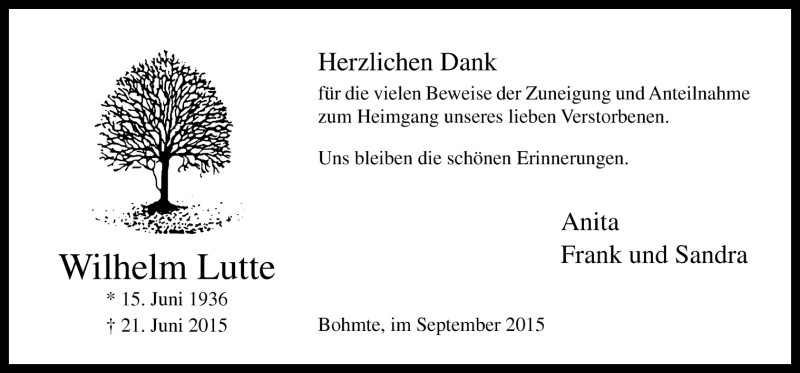 Traueranzeige für Wilhelm Lutte vom 12.09.2015 aus Neue Osnabrücker Zeitung GmbH & Co. KG