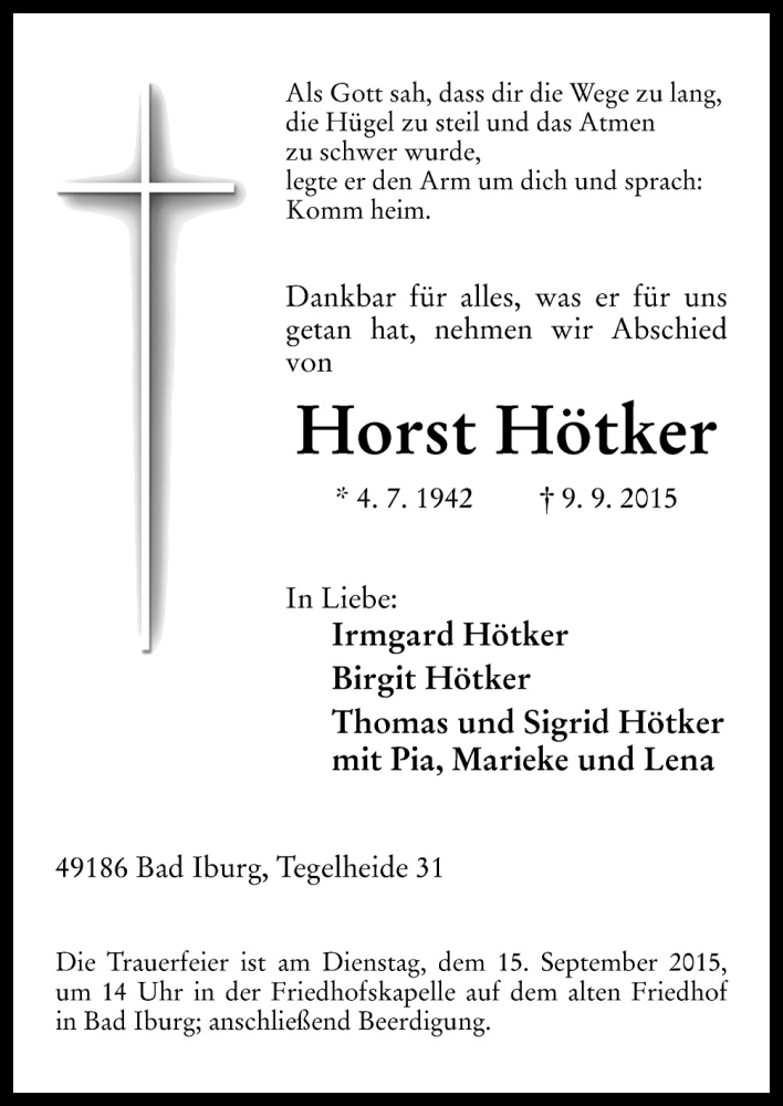  Traueranzeige für Horst Hötker vom 12.09.2015 aus Neue Osnabrücker Zeitung GmbH & Co. KG
