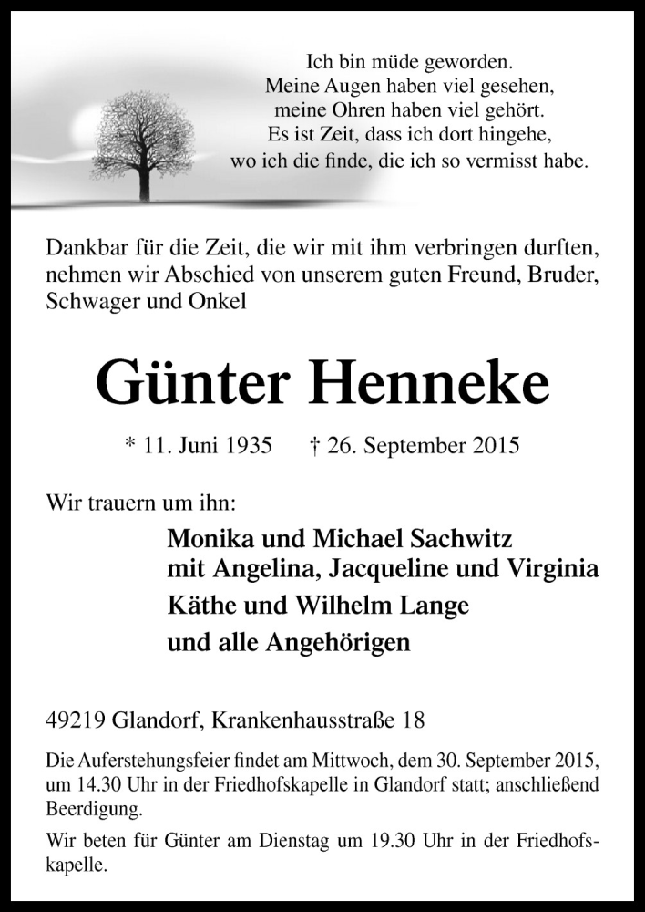  Traueranzeige für Günter Henneke vom 28.09.2015 aus Neue Osnabrücker Zeitung GmbH & Co. KG