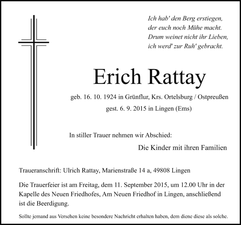  Traueranzeige für Erich Rattay vom 08.09.2015 aus Neue Osnabrücker Zeitung GmbH & Co. KG