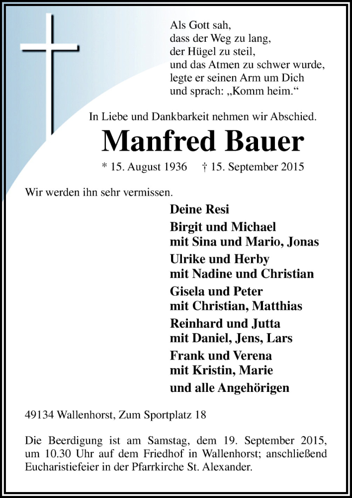  Traueranzeige für Manfred Bauer vom 17.09.2015 aus Neue Osnabrücker Zeitung GmbH & Co. KG