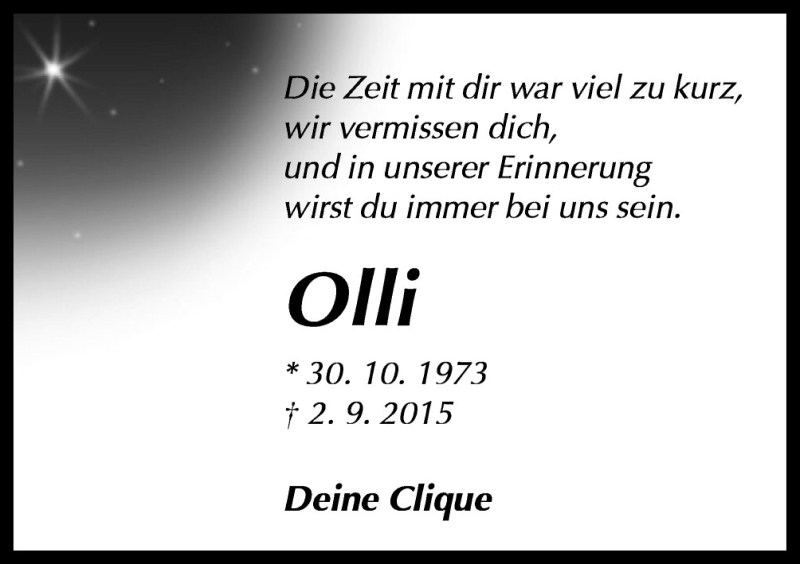  Traueranzeige für Olli  vom 05.09.2015 aus Neue Osnabrücker Zeitung GmbH & Co. KG