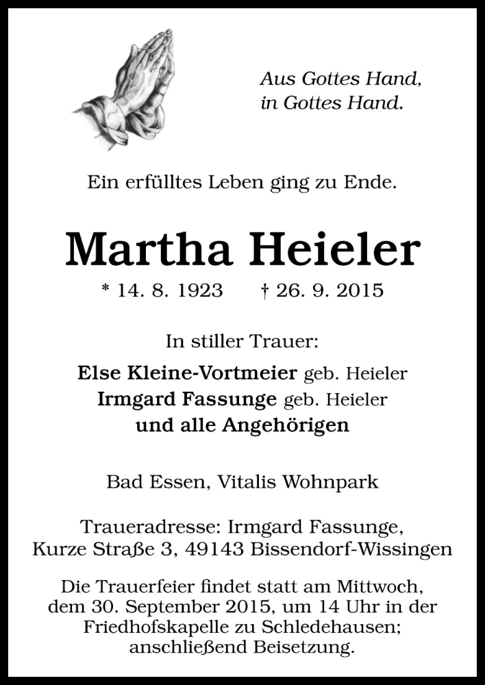  Traueranzeige für Martha Heieler vom 28.09.2015 aus Neue Osnabrücker Zeitung GmbH & Co. KG