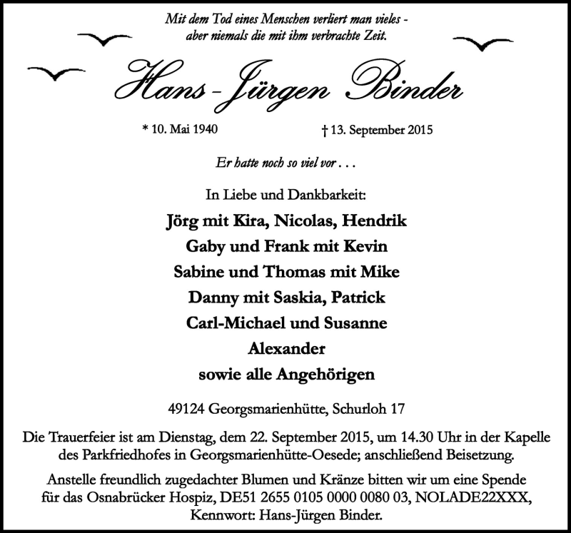  Traueranzeige für Hans-Jürgen Binder vom 17.09.2015 aus Neue Osnabrücker Zeitung GmbH & Co. KG