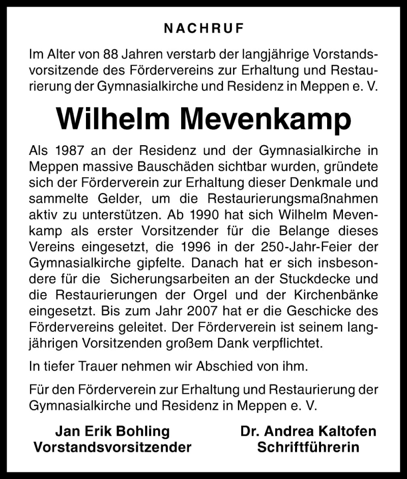  Traueranzeige für Wilhelm Mevenkamp vom 10.09.2015 aus Neue Osnabrücker Zeitung GmbH & Co. KG