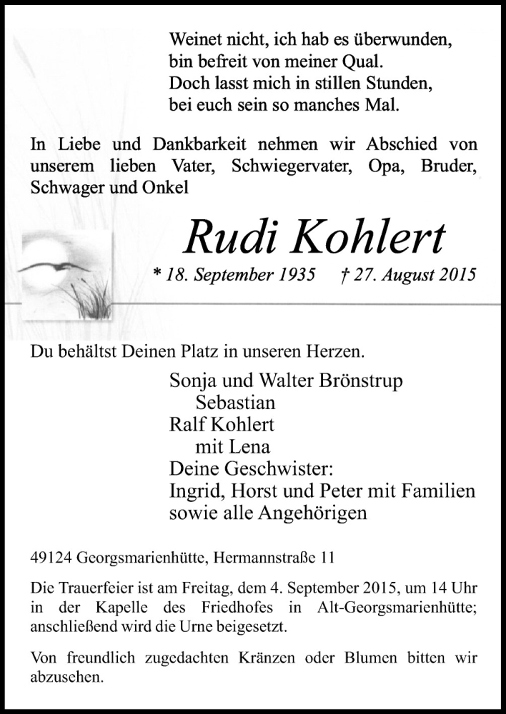  Traueranzeige für Rudi Kohlert vom 01.09.2015 aus Neue Osnabrücker Zeitung GmbH & Co. KG