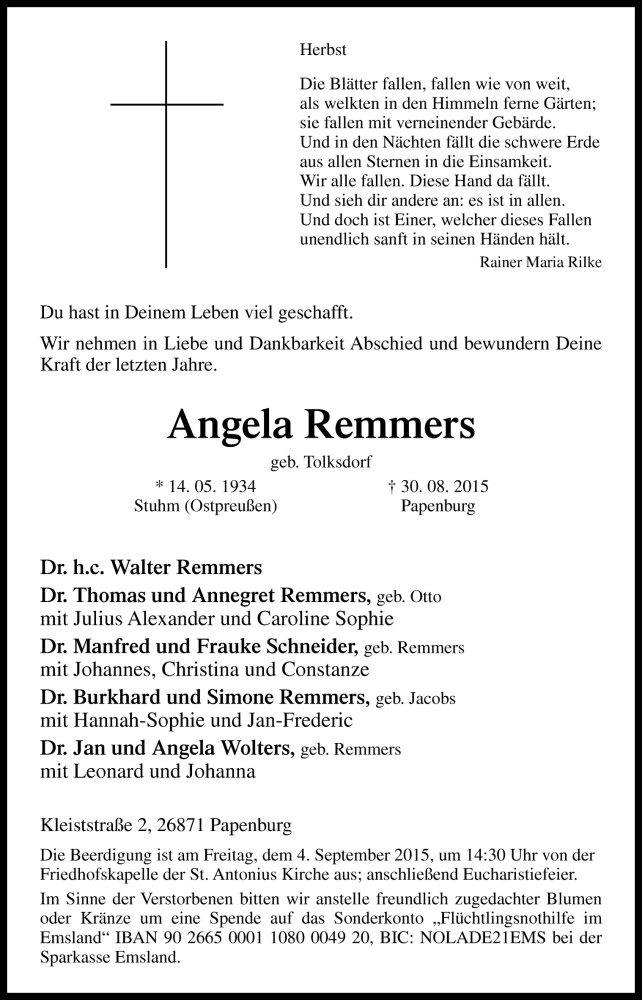  Traueranzeige für Angela Remmers vom 01.09.2015 aus Neue Osnabrücker Zeitung GmbH & Co. KG