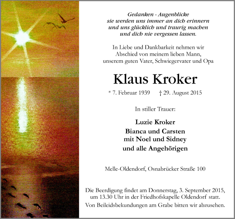 Traueranzeige für Klaus Kroker vom 01.09.2015 aus Neue Osnabrücker Zeitung GmbH & Co. KG