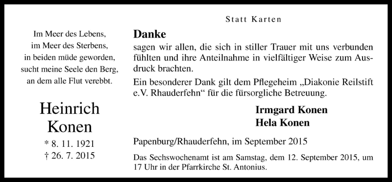  Traueranzeige für Heinrich Konen vom 09.09.2015 aus Neue Osnabrücker Zeitung GmbH & Co. KG