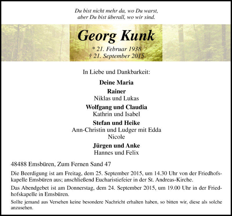  Traueranzeige für Geeorg Kunk vom 23.09.2015 aus Neue Osnabrücker Zeitung GmbH & Co. KG