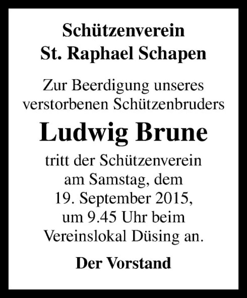  Traueranzeige für Ludwig Brune vom 17.09.2015 aus Neue Osnabrücker Zeitung GmbH & Co. KG