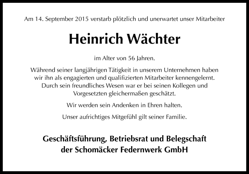  Traueranzeige für Heinrich Wächter vom 19.09.2015 aus Neue Osnabrücker Zeitung GmbH & Co. KG