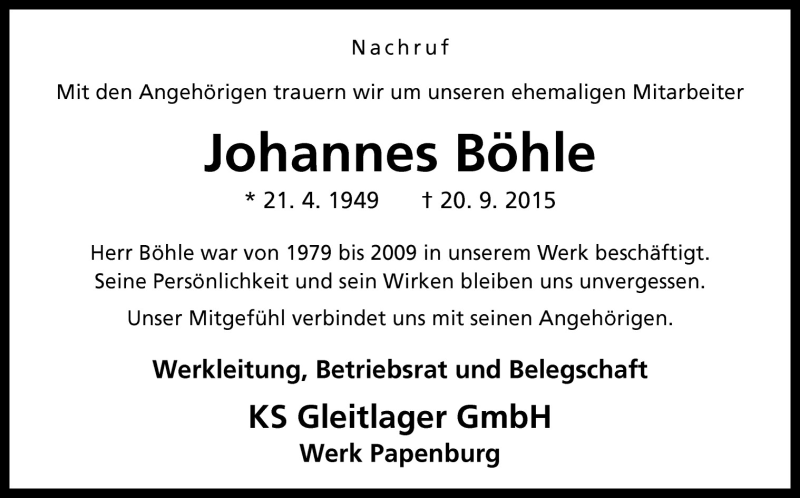  Traueranzeige für Johannes Böhle vom 24.09.2015 aus Neue Osnabrücker Zeitung GmbH & Co. KG