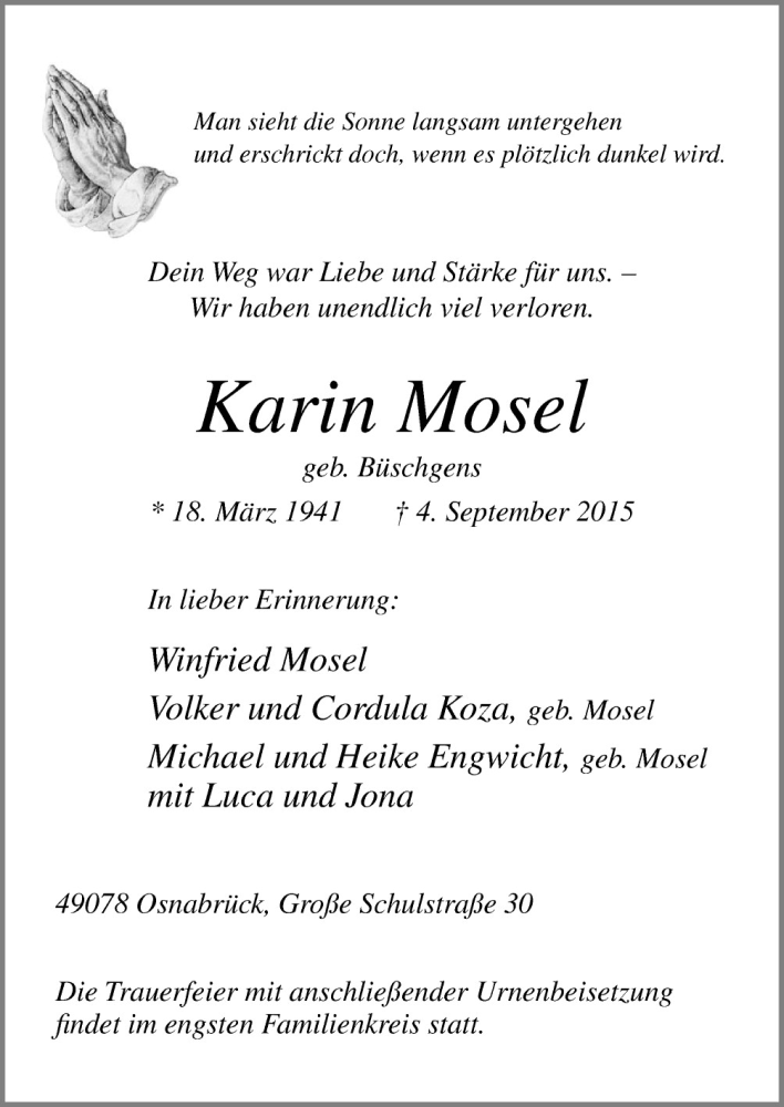  Traueranzeige für Karin Mosel vom 09.09.2015 aus Neue Osnabrücker Zeitung GmbH & Co. KG