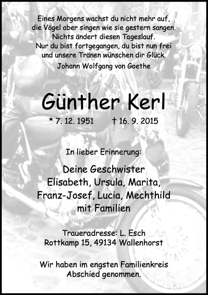  Traueranzeige für Günther Kerl vom 26.09.2015 aus Neue Osnabrücker Zeitung GmbH & Co. KG