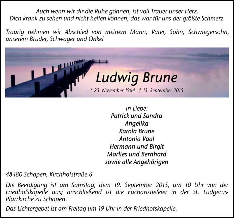  Traueranzeige für Ludwig Brune vom 15.09.2015 aus Neue Osnabrücker Zeitung GmbH & Co. KG