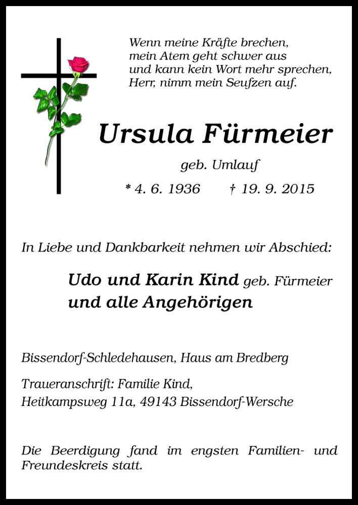  Traueranzeige für Ursula Fürmeter vom 26.09.2015 aus Neue Osnabrücker Zeitung GmbH & Co. KG