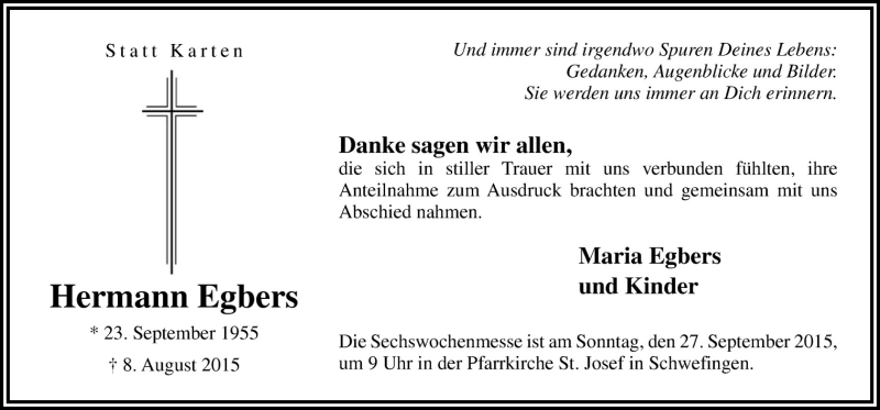  Traueranzeige für Hermann Egbers vom 19.09.2015 aus Neue Osnabrücker Zeitung GmbH & Co. KG