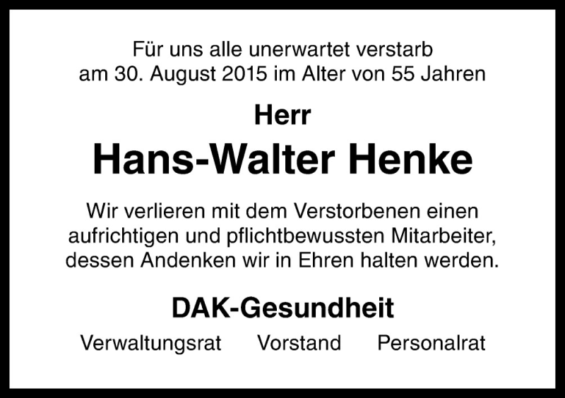 Traueranzeige für Hans-Walter Henke vom 04.09.2015 aus Neue Osnabrücker Zeitung GmbH & Co. KG