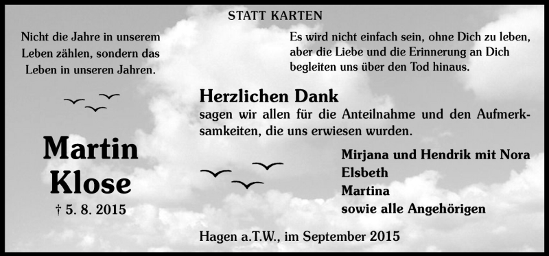  Traueranzeige für Martin Klose vom 26.09.2015 aus Neue Osnabrücker Zeitung GmbH & Co. KG