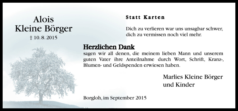  Traueranzeige für Alois Kleine Börger vom 19.09.2015 aus Neue Osnabrücker Zeitung GmbH & Co. KG