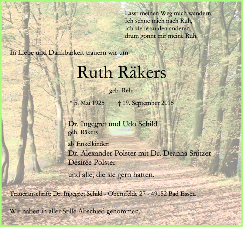  Traueranzeige für Ruth Räkers vom 26.09.2015 aus Neue Osnabrücker Zeitung GmbH & Co. KG