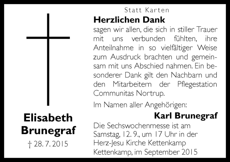  Traueranzeige für Elisabeth Brunegraf vom 08.09.2015 aus Neue Osnabrücker Zeitung GmbH & Co. KG