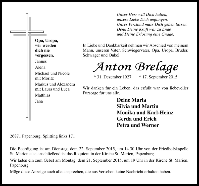  Traueranzeige für Anton Brelage vom 19.09.2015 aus Neue Osnabrücker Zeitung GmbH & Co. KG